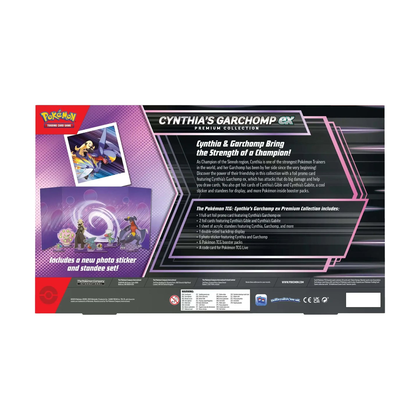 Rear view of Pokémon trading card game packaging featuring Cynthia's Garchomp ex