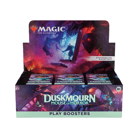 Display box of 'Duskmourn House of Horror' play boosters from 'Magic: The Gathering' on a white background.