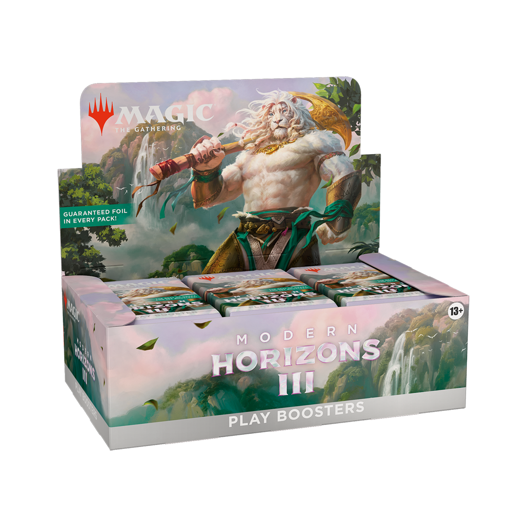 Card game booster pack with character illustration and 'Modern Horizons III' text on a white background