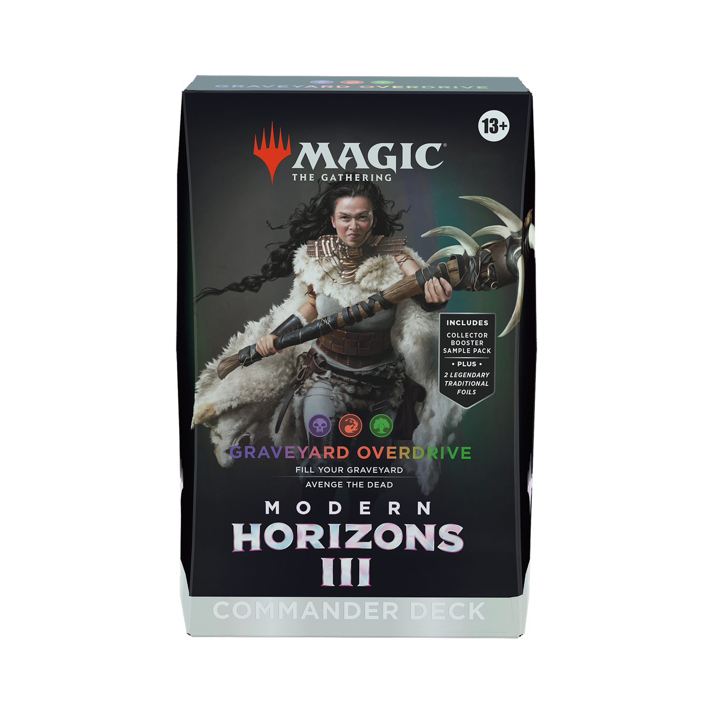 Card game packaging for 'Modern Horizons III' with character illustration on a white background