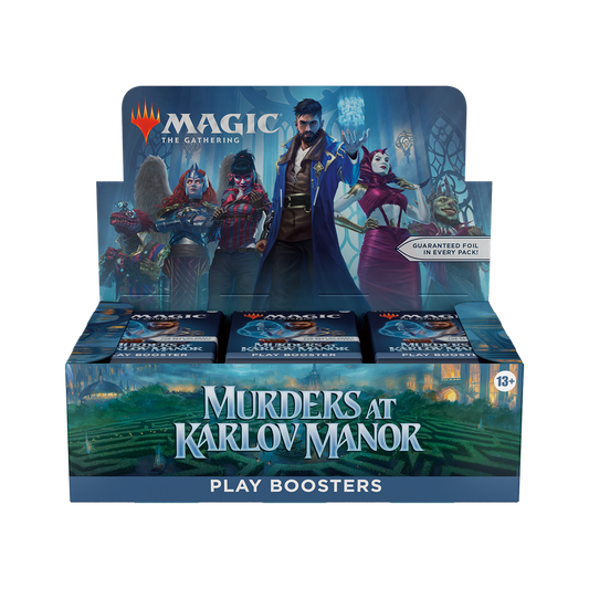 Display box of 'Murders at Karlov Manor' play boosters for 'Magic: The Gathering' on a white background.