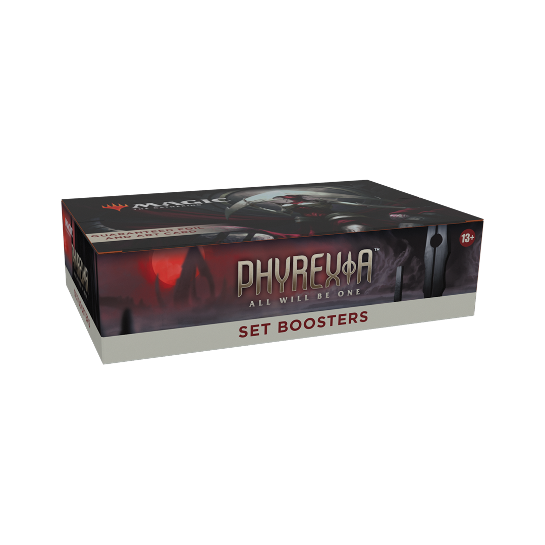 Phyrexia Set Boosters packaging for a collectible card game on a white background