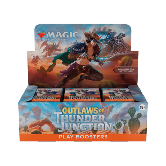 Display box of 'Outlaws of Thunder Junction' play boosters for Magic: The Gathering on a white background.
