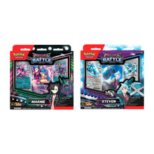 Two Pokémon Rival Battle decks featuring Steven and Marnie