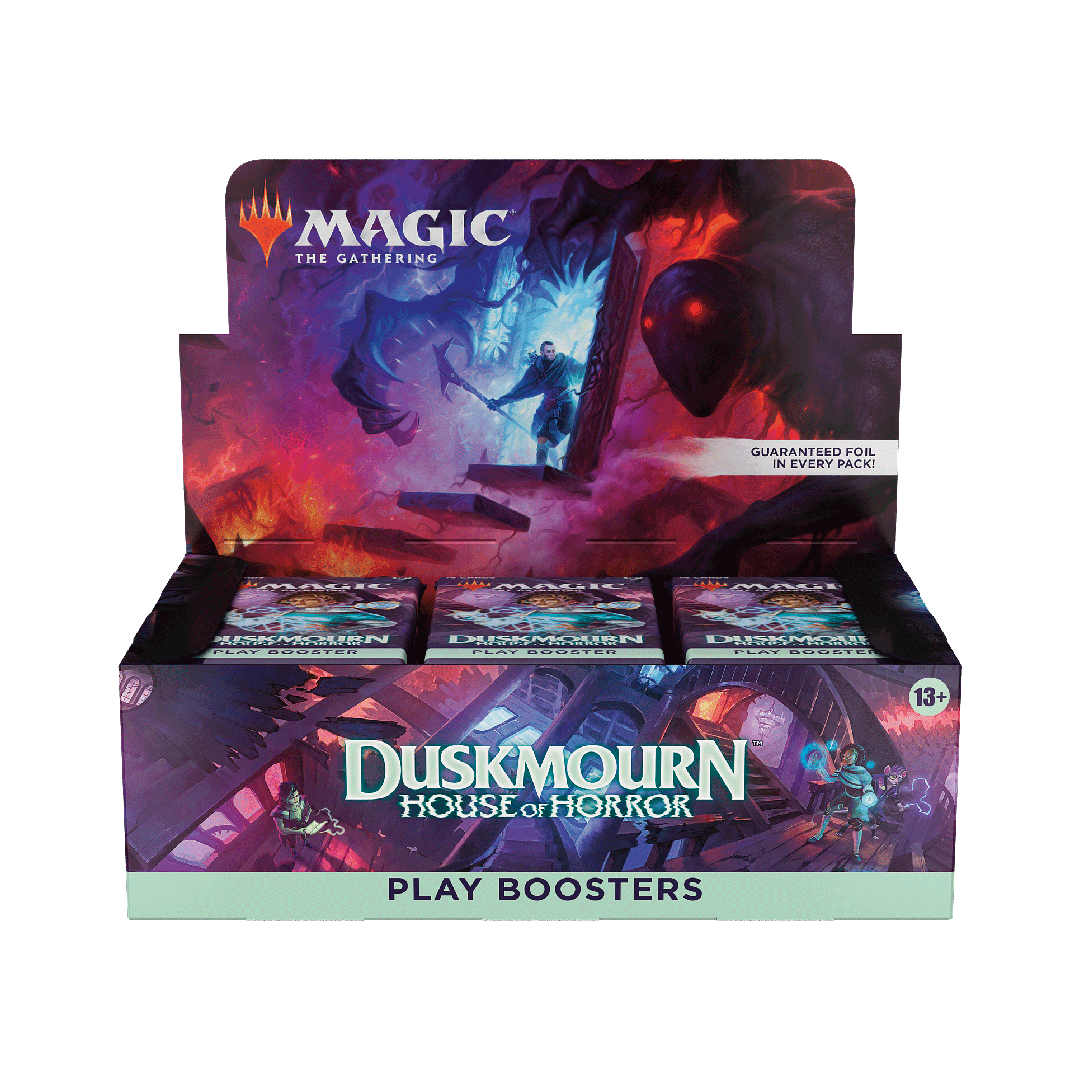 Display box of 'Duskmourn House of Horror' play boosters for 'Magic: The Gathering' on a white background.