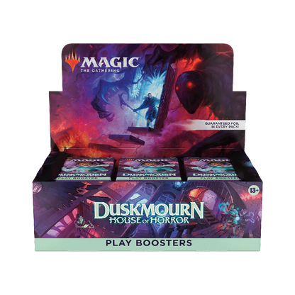 Display box of 'Duskmourn House of Horror' play boosters for 'Magic: The Gathering' on a white background.
