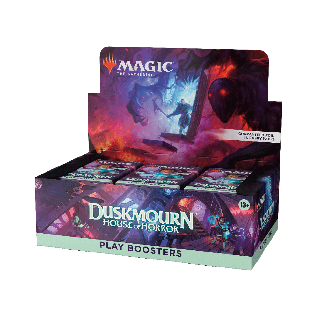 Display box of 'Duskmourn House of Horror' play boosters from 'Magic: The Gathering' on a white background.