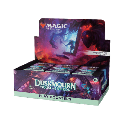 Display box of 'Duskmourn House of Horror' play boosters from 'Magic: The Gathering' on a white background.