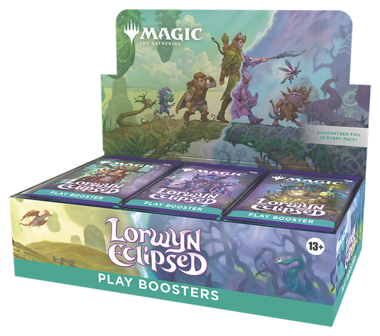 Box of 'Lorwyn Eclipsed' play boosters for 'Magic: The Gathering' with characters and creatures illustration on the packaging.