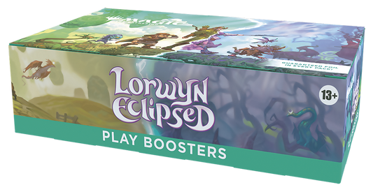 Box of 'Lorwyn Eclipsed' play boosters with fantasy-themed artwork on a white background.