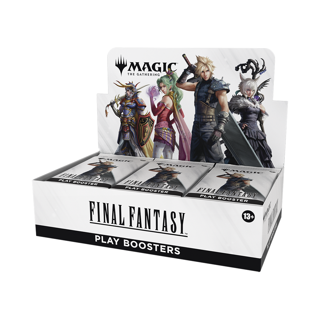 Box of Final Fantasy play boosters with character illustrations on a white background