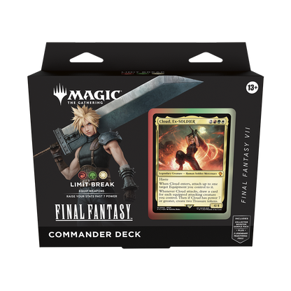 Packaged 'Final Fantasy' Magic: The Gathering Commander Deck with character illustration and card on black background