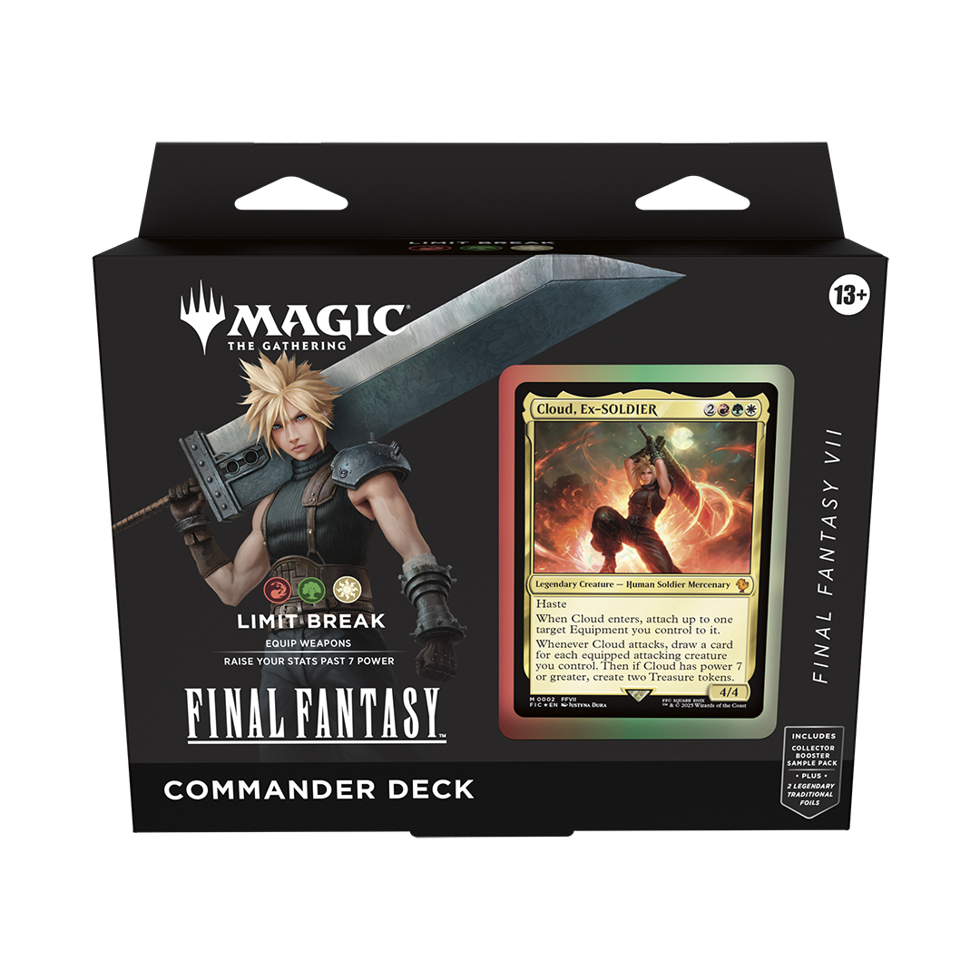 Packaged 'Final Fantasy' Magic: The Gathering Commander Deck with character illustration and card on black background