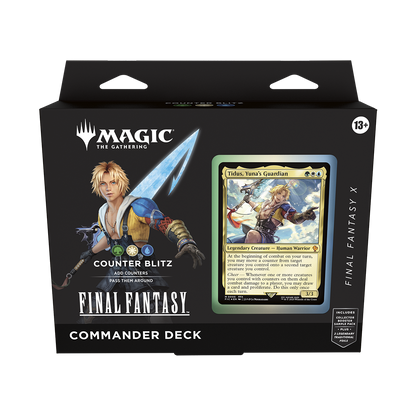 Packaged 'Magic: The Gathering' Final Fantasy Commander Deck with character illustration and card on black background