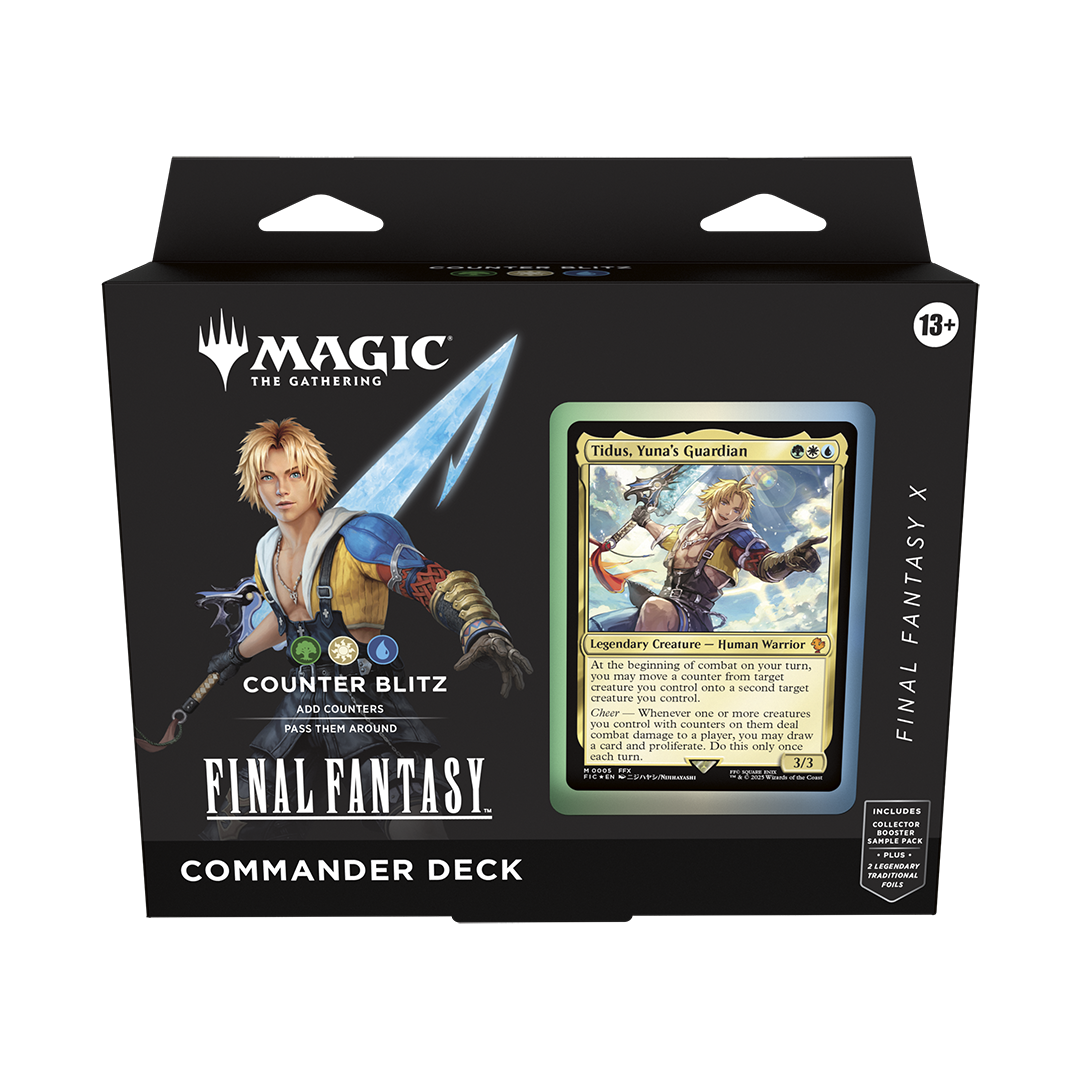 Packaged 'Magic: The Gathering' Final Fantasy Commander Deck with character illustration and card on black background