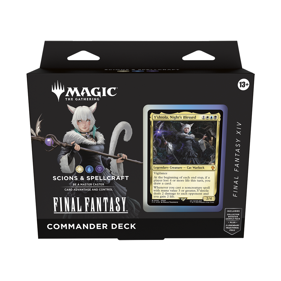 Card game packaging for 'Final Fantasy' featuring a character with white hair and a staff, and a card illustration.