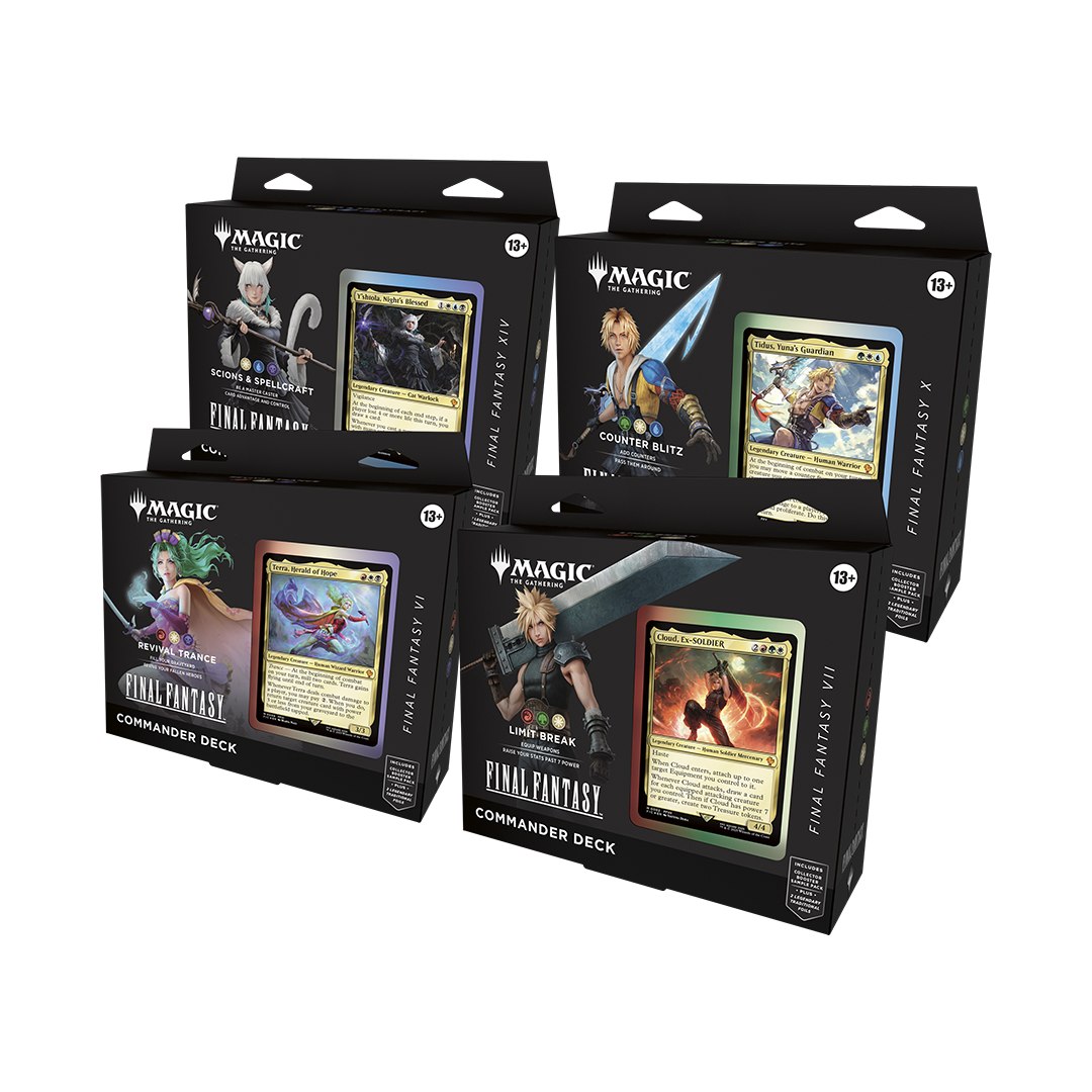 Collection of 'Magic: The Gathering' and 'Final Fantasy' trading card game boxes on a white background