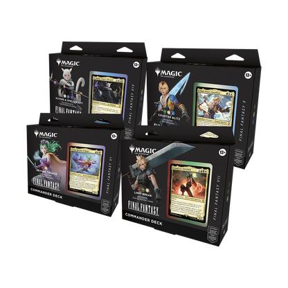 Collection of 'Magic: The Gathering' and 'Final Fantasy' trading card game boxes on a white background