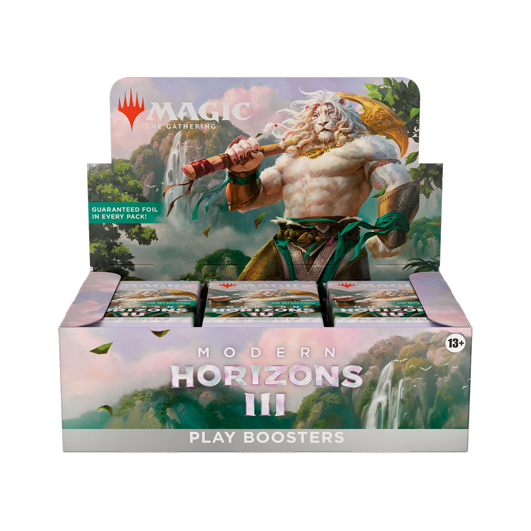 Box of 'Modern Horizons III' play boosters with a character holding a staff on a scenic background.