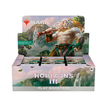 Box of 'Modern Horizons III' play boosters with a character holding a staff on a scenic background.