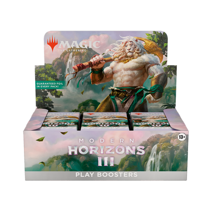 Box of 'Modern Horizons III' play boosters with a character holding a staff on a scenic background.