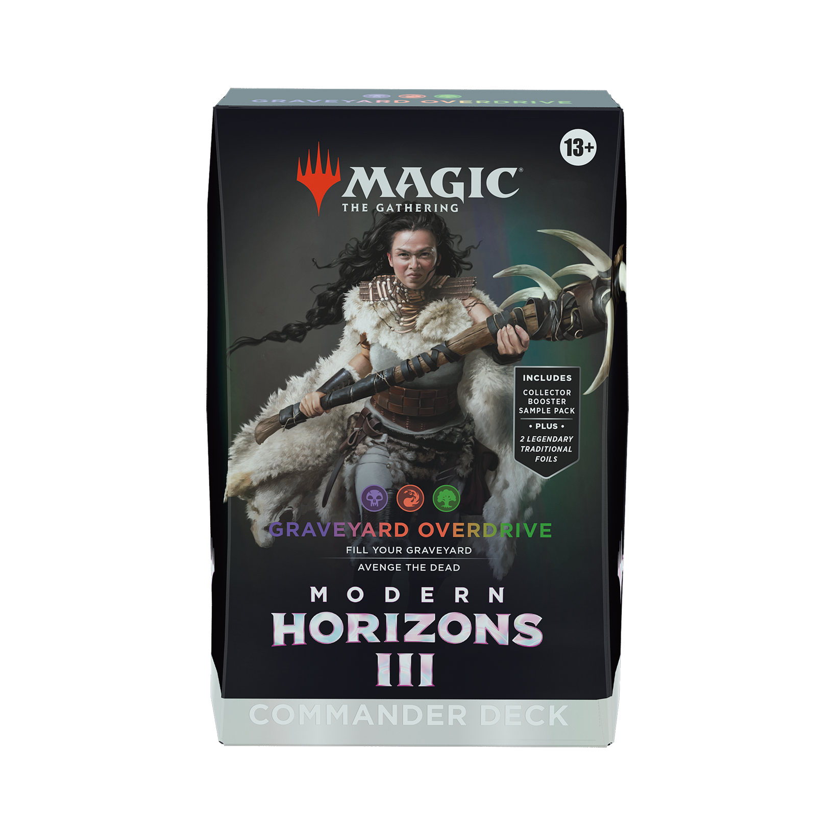 Card game packaging for 'Modern Horizons III' with character illustration on a white background