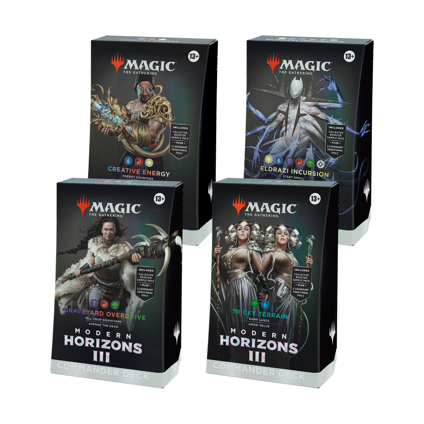 Four 'Magic: The Gathering' trading card game boxes on a white background
