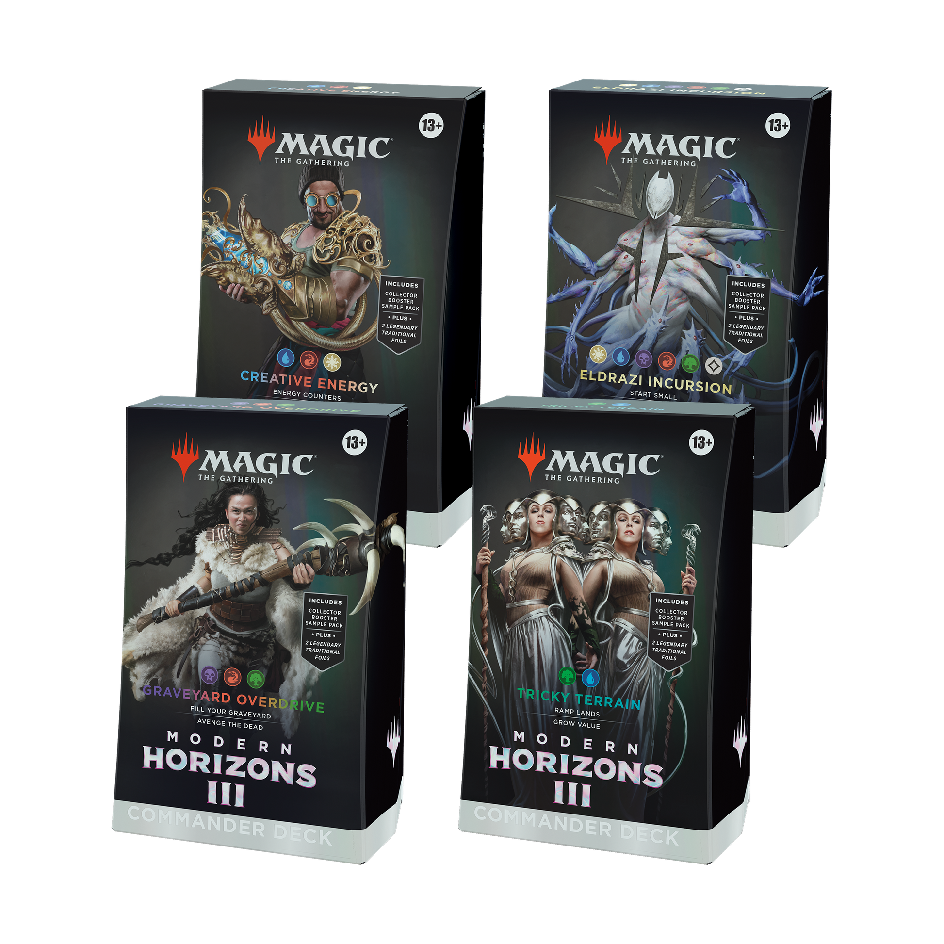 Four 'Magic: The Gathering' trading card game boxes on a white background