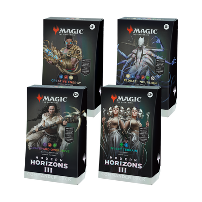 Four 'Magic: The Gathering' trading card game boxes on a white background