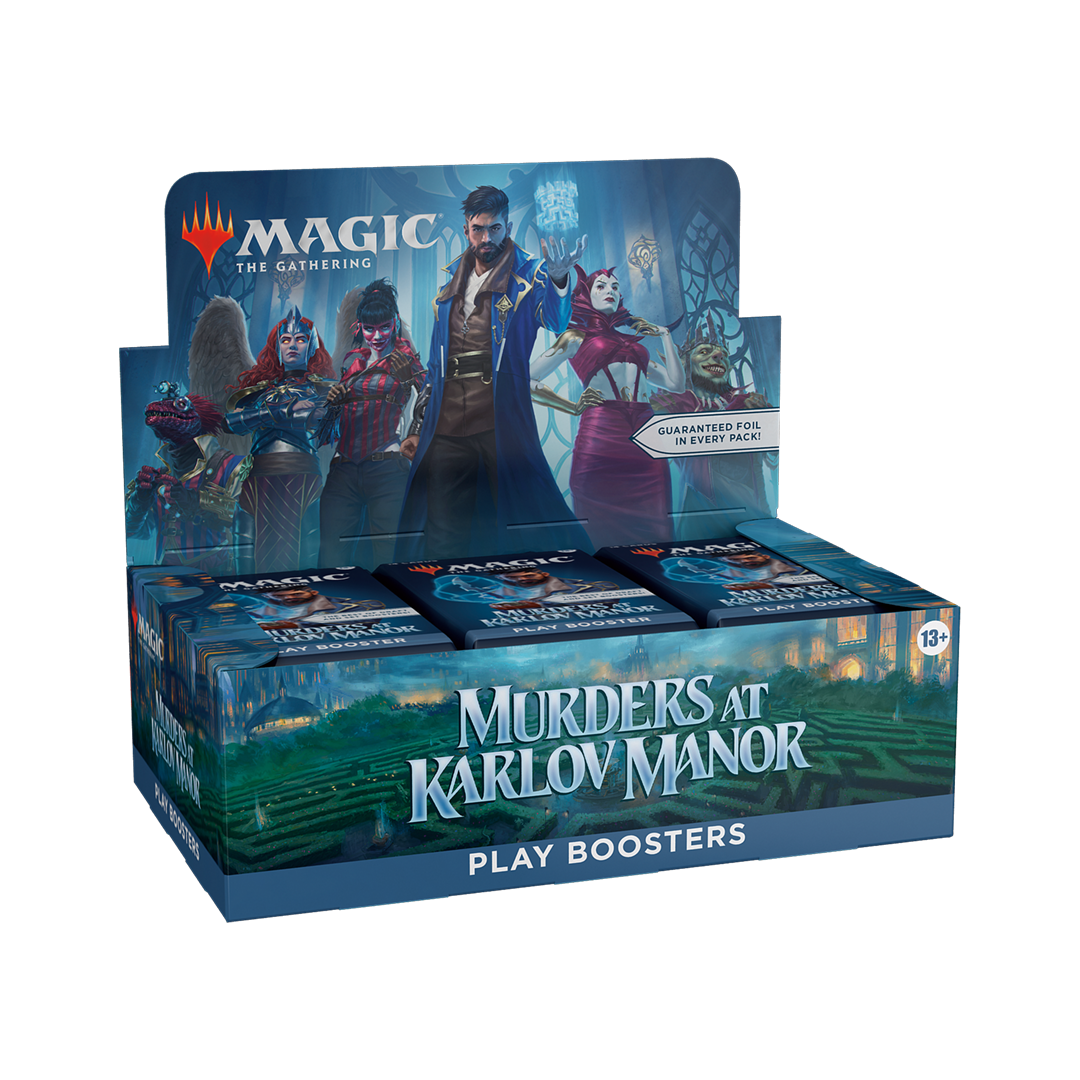 Box of 'Murders at Karlov Manor' play boosters for 'Magic: The Gathering' on a white background