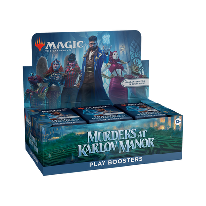 Box of 'Murders at Karlov Manor' play boosters for 'Magic: The Gathering' on a white background