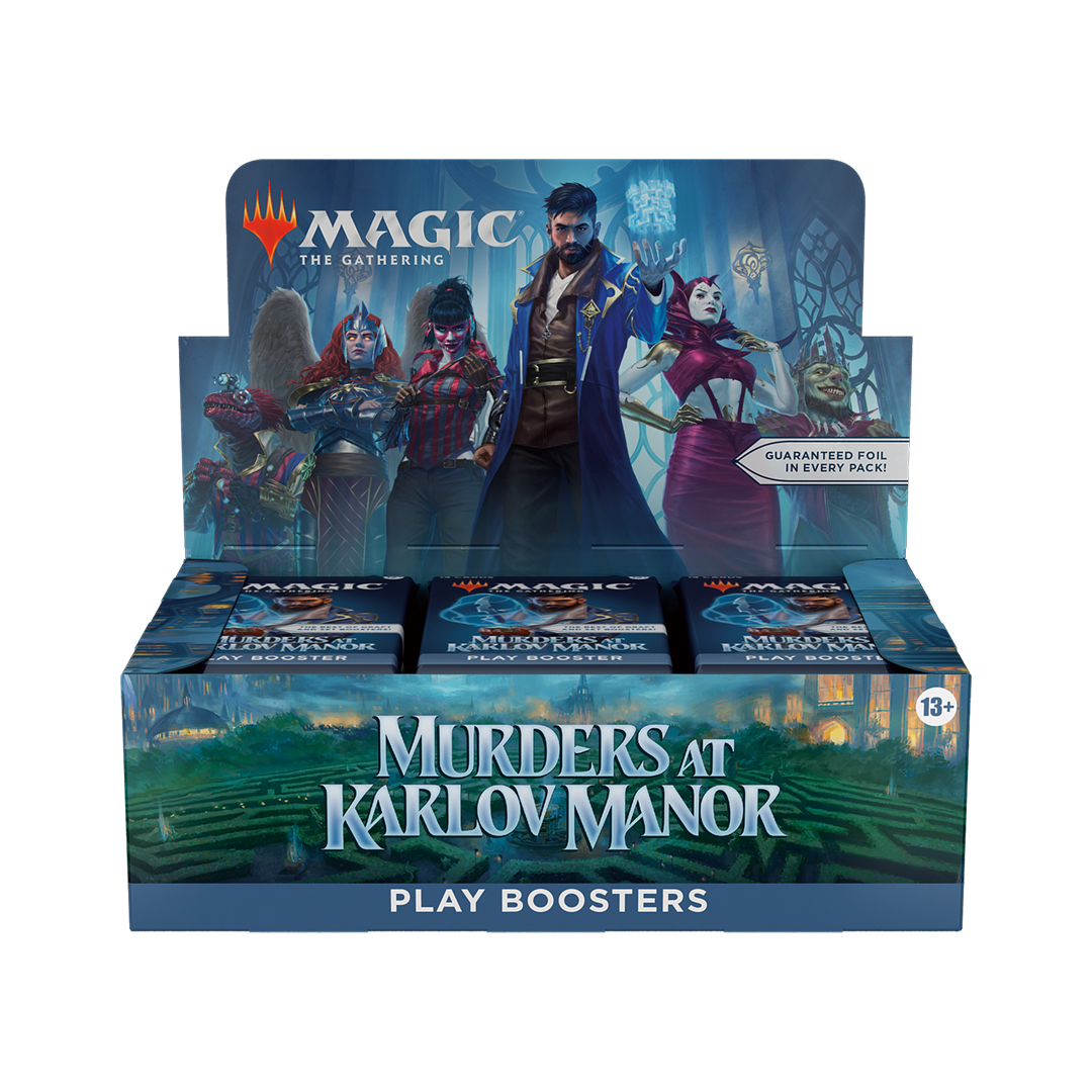Box of 'Murders at Karlov Manor' play boosters for 'Magic: The Gathering' on a white background