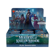 Box of 'Murders at Karlov Manor' play boosters for 'Magic: The Gathering' on a white background