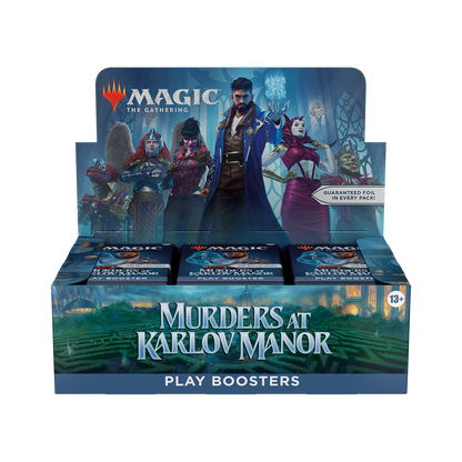 Box of 'Murders at Karlov Manor' play boosters for 'Magic: The Gathering' on a white background