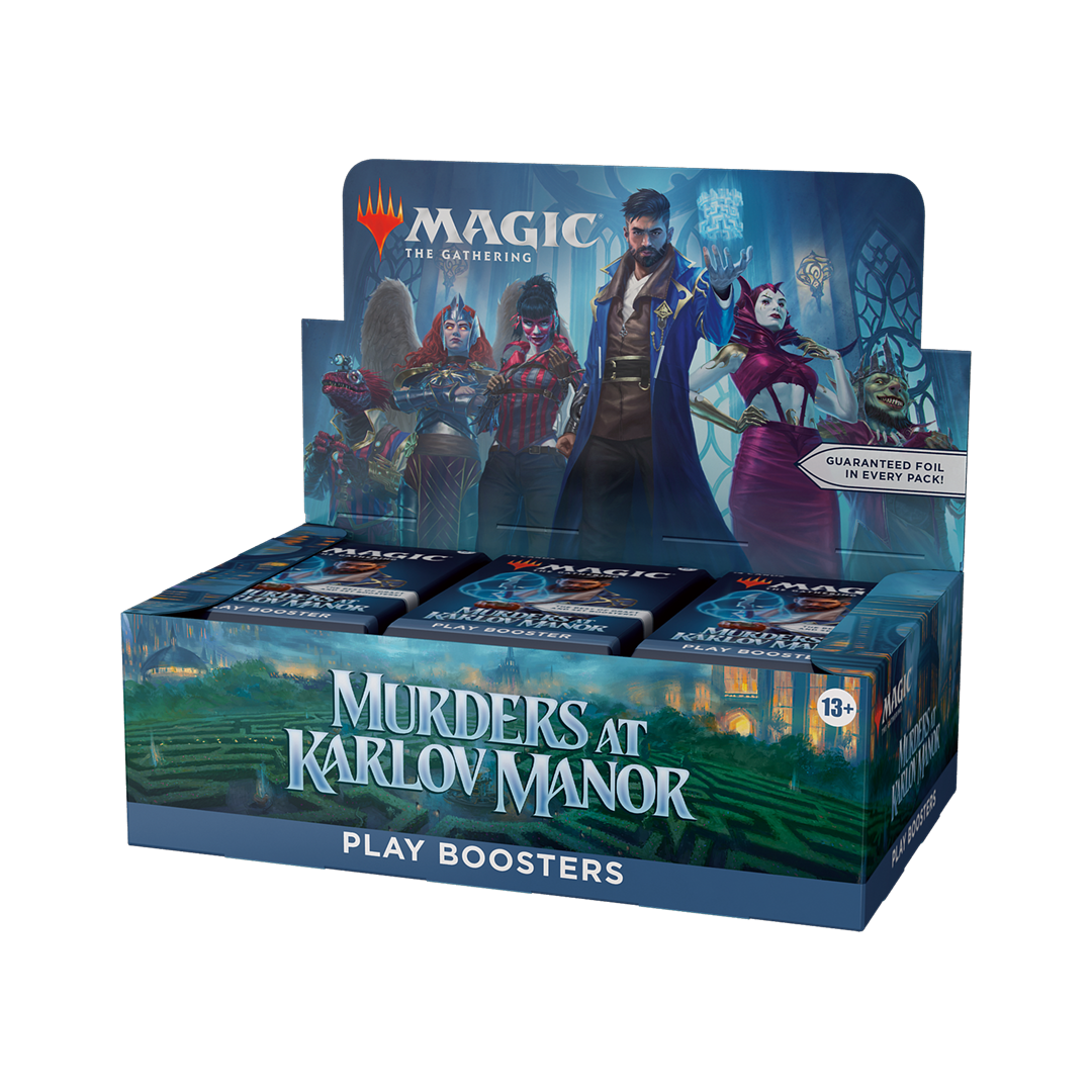 Display box of 'Murders at Karlov Manor' play boosters for 'Magic: The Gathering' on a white background.