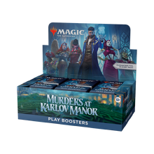 Display box of 'Murders at Karlov Manor' play boosters for 'Magic: The Gathering' on a white background.