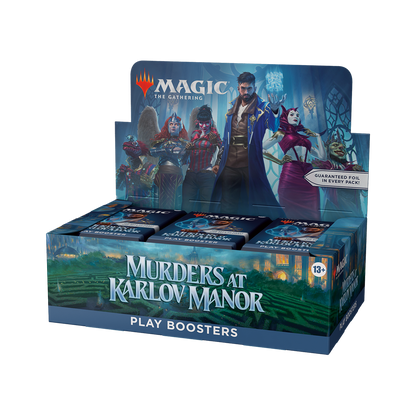 Display box of 'Murders at Karlov Manor' play boosters for 'Magic: The Gathering' on a white background.