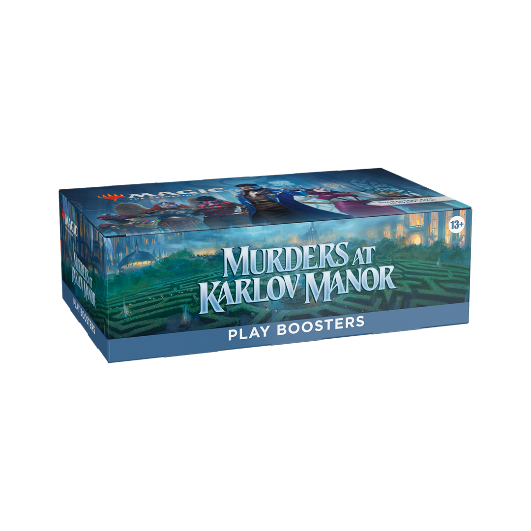 Box of 'Murders at Karlov Manor' play boosters on a white background