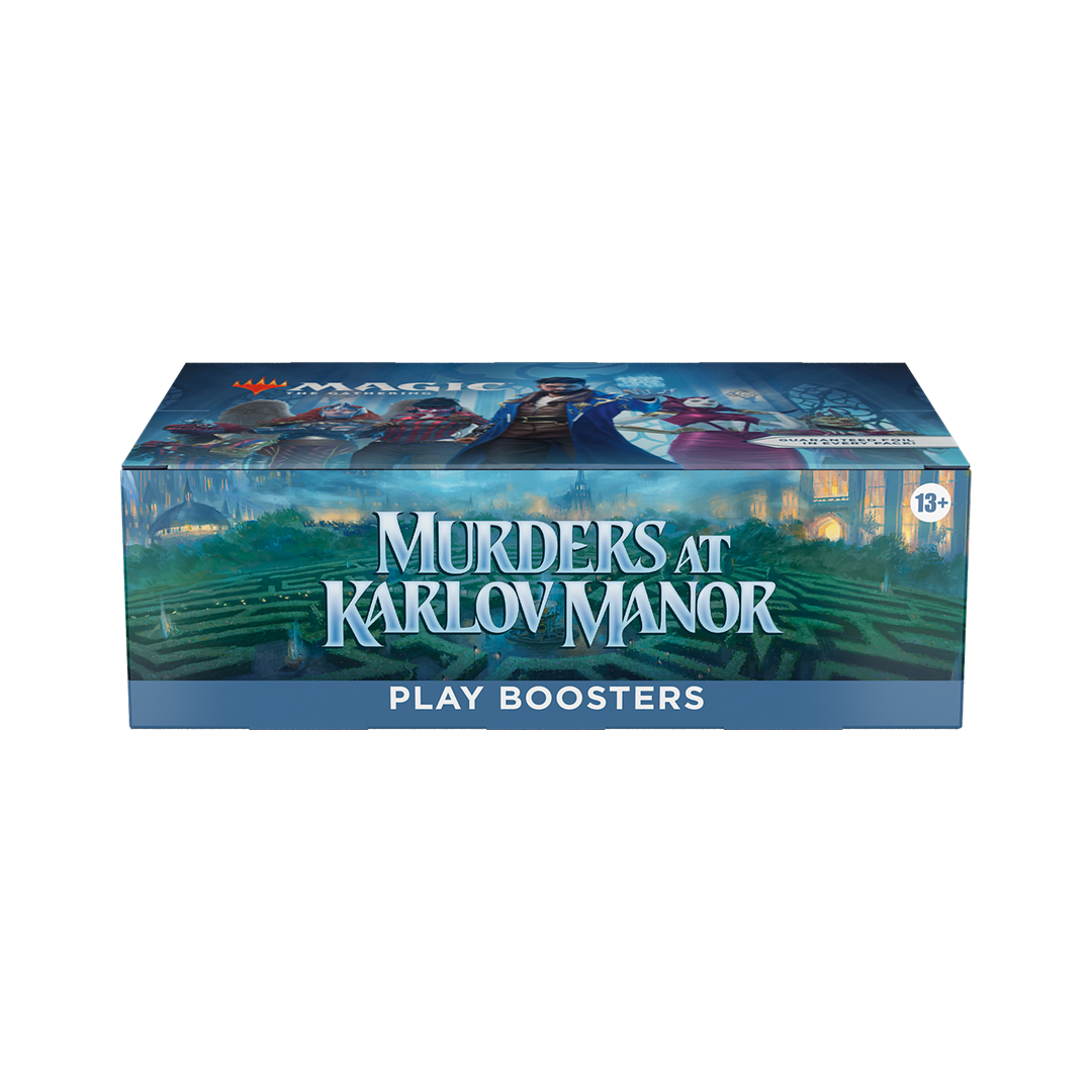 Box of 'Murders at Karlov Manor' play boosters with characters and castle in the background.