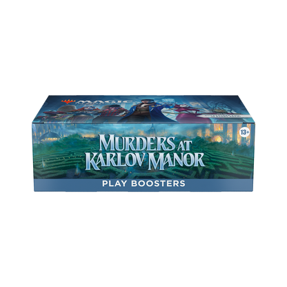 Box of 'Murders at Karlov Manor' play boosters with characters and castle in the background.