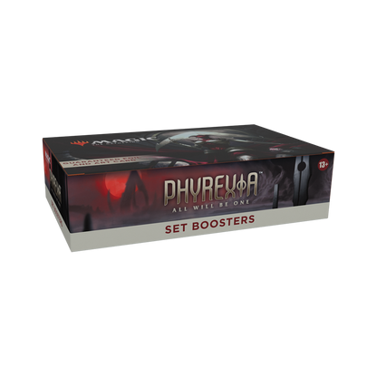 Phyrexia Set Boosters packaging for a collectible card game on a white background