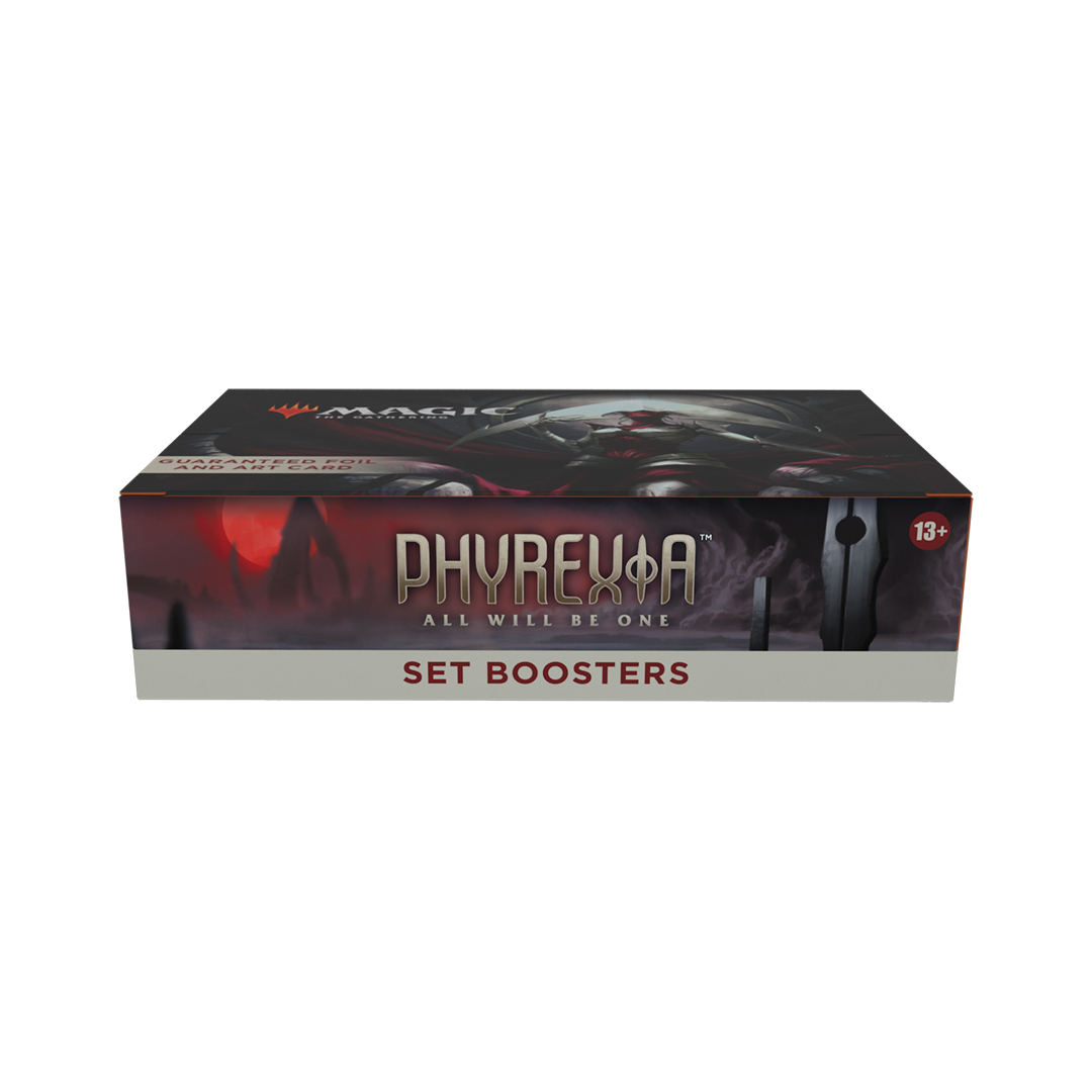 Box of 'Phyrexia: All Will Be One' Set Boosters for Magic the Gathering on a white background