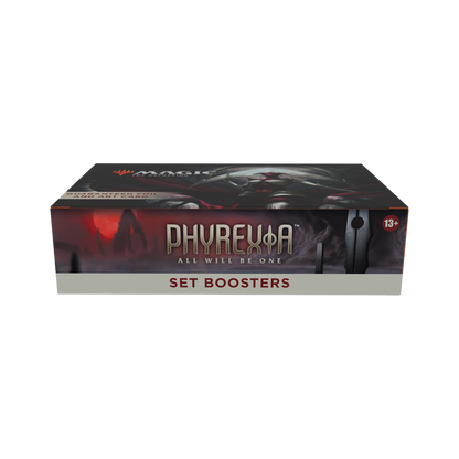 Box of 'Phyrexia: All Will Be One' Set Boosters for Magic the Gathering on a white background
