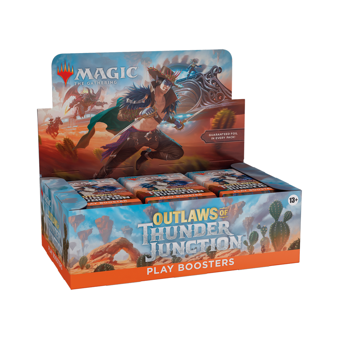 Display box of 'Outlaws of Thunder Junction' play boosters for Magic: The Gathering on a white background.