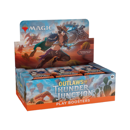 Display box of 'Outlaws of Thunder Junction' play boosters for Magic: The Gathering on a white background.
