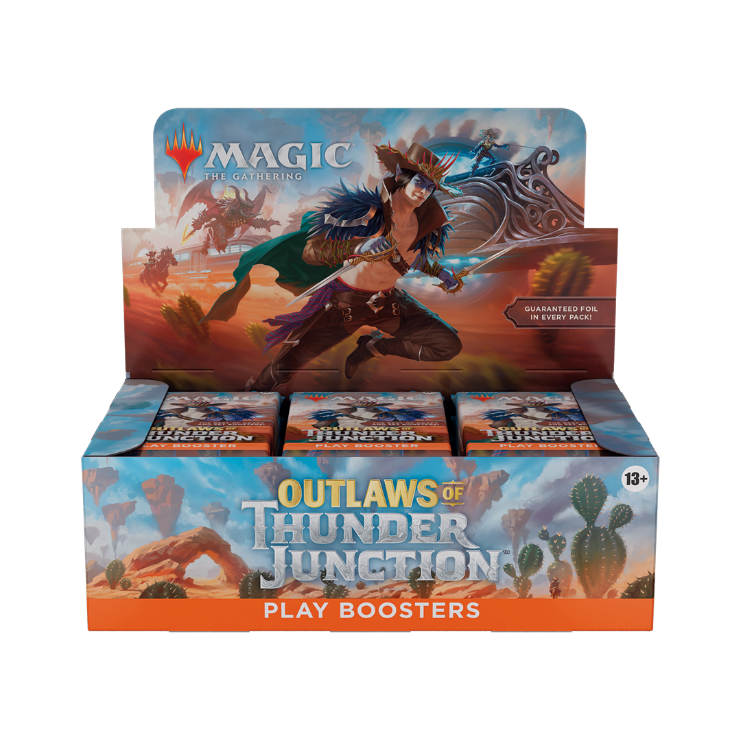 Box of 'Outlaws of Thunder Junction' play boosters for 'Magic: The Gathering' on a white background