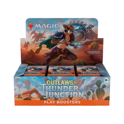 Box of 'Outlaws of Thunder Junction' play boosters for 'Magic: The Gathering' on a white background