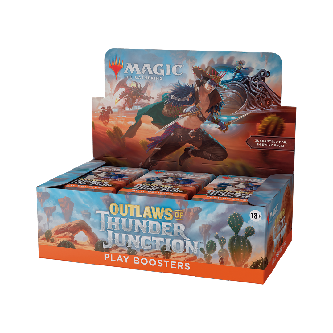 Display box of 'Outlaws of Thunder Junction' play boosters for Magic: The Gathering on a white background.