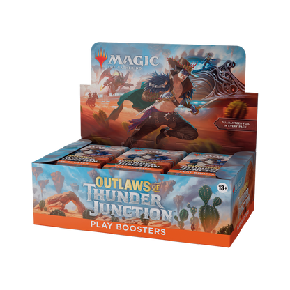 Display box of 'Outlaws of Thunder Junction' play boosters for Magic: The Gathering on a white background.