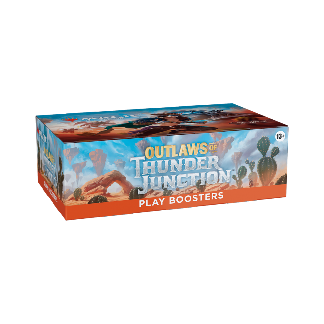 Box of 'Outlaws of Thunder Junction' play boosters with desert scene design.